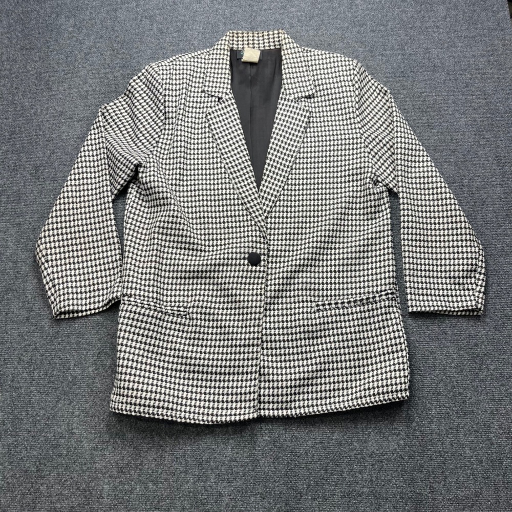 Michele Leslie Vintage Houndstooth Blazer Black White Longline Jacket